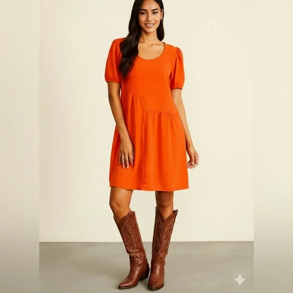 NEW Nina Leonard Vibrant Orange Puff Sleeve Midi Dress - Picture 1 of 6